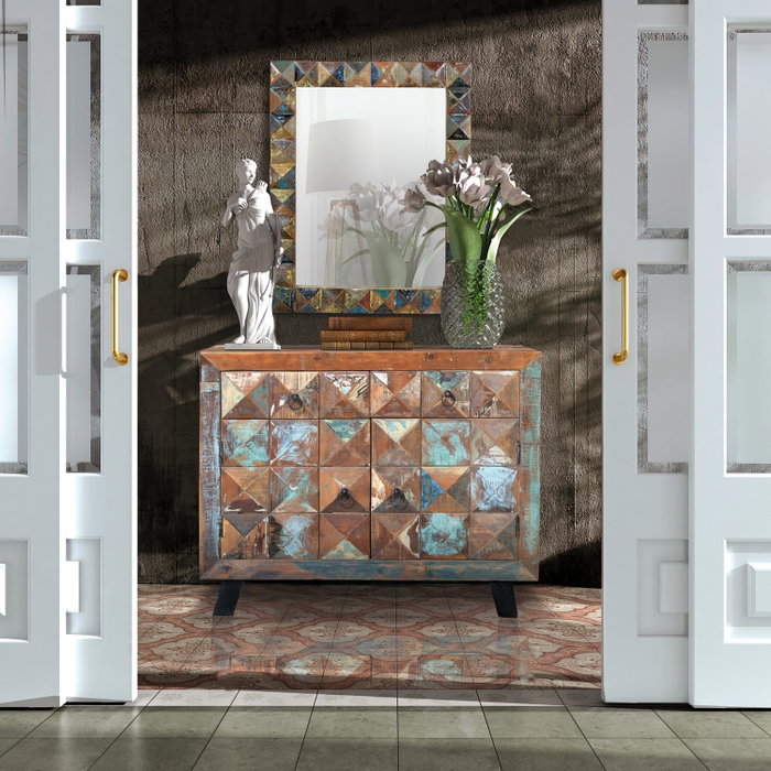 GINER Y COLOMER Cómoda de madera reciclada multicolor con puertas talladas